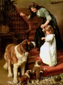 Pets and Children Painting - Good Night idyllic children Arthur John Elsley pet kids